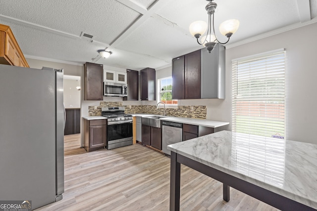 kitchen with crown molding, hanging light fixtures, appliances with stainless steel finishes, a notable chandelier, and dark brown cabinetry