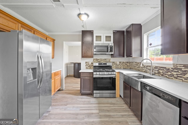 kitchen with dark brown cabinetry, sink, stainless steel appliances, crown molding, and light wood-type flooring