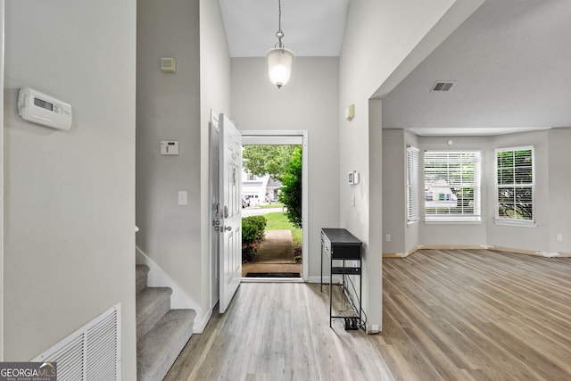 foyer entrance featuring a towering ceiling, light hardwood / wood-style flooring, and a healthy amount of sunlight