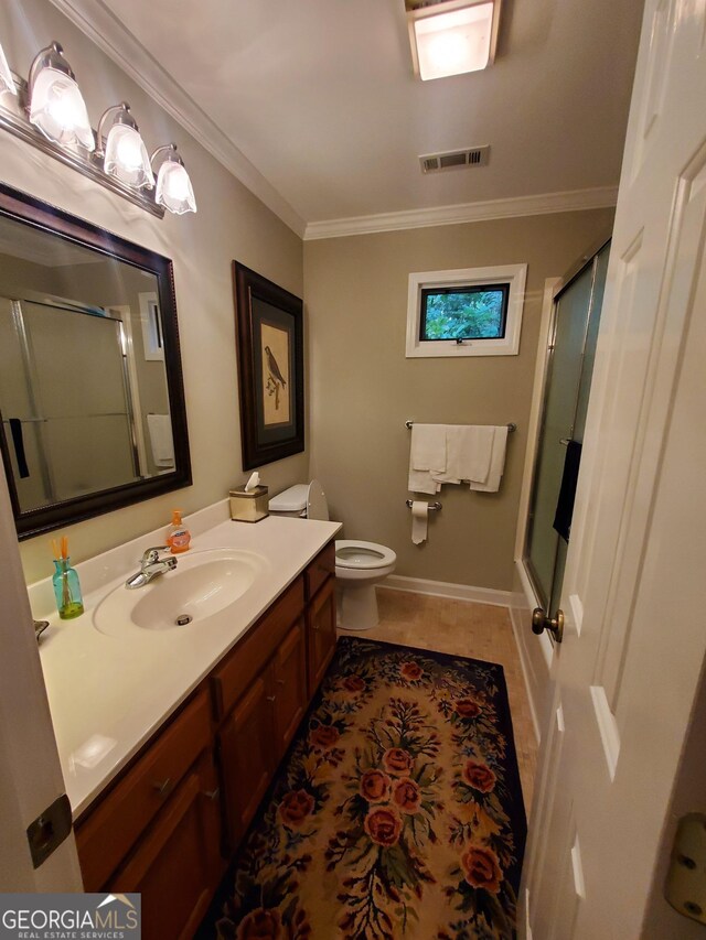 1030 Lake Haynes Dr NE, Conyers, GA 30012 - full bath with ornamental molding, an enclosed shower, vanity, and visible vents