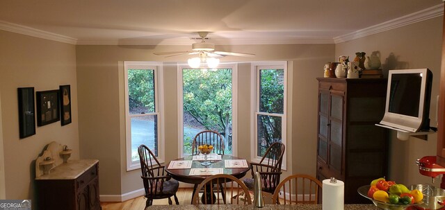 1030 Lake Haynes Dr NE, Conyers, GA 30012 - dining area featuring a healthy amount of sunlight, a ceiling fan, and ornamental molding