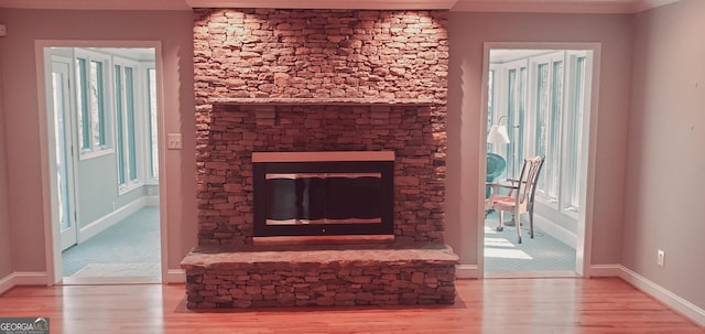 interior details with wood-type flooring and a stone fireplace