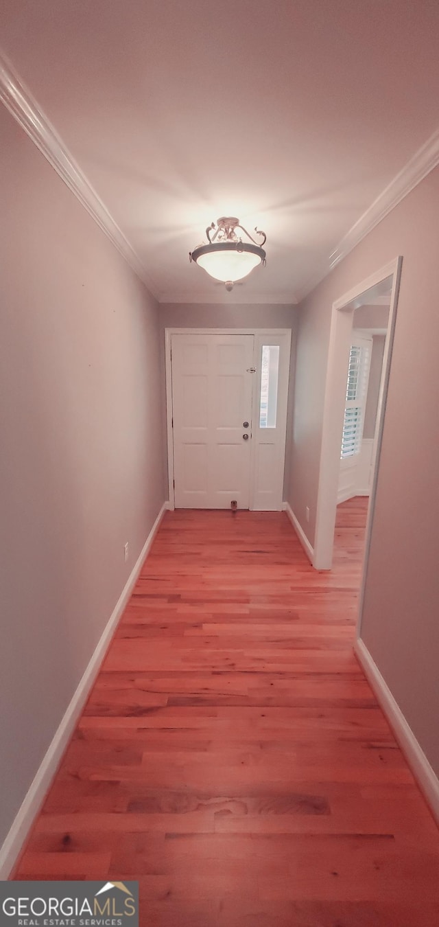 entryway with crown molding and light wood-type flooring