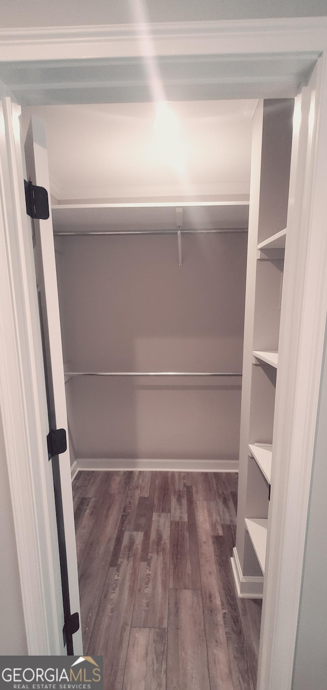 walk in closet with dark hardwood / wood-style floors