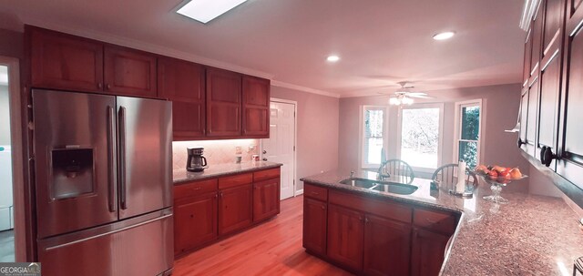 1030 Lake Haynes Dr NE, Conyers, GA 30012 - kitchen featuring recessed lighting, a sink, a peninsula, stainless steel refrigerator with ice dispenser, and ceiling fan
