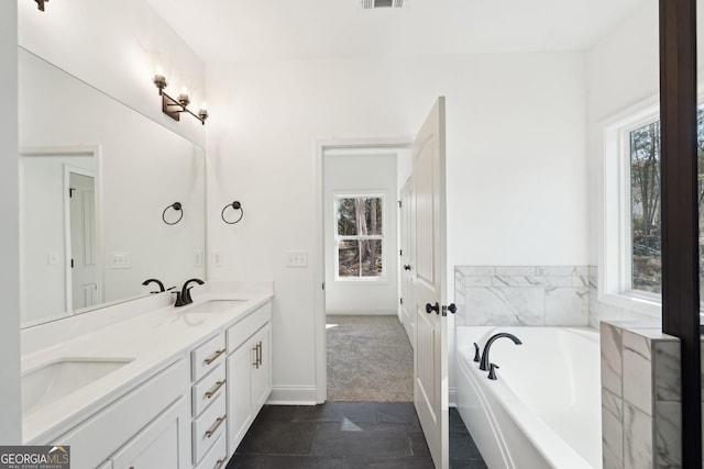 bathroom featuring vanity, plenty of natural light, and a tub