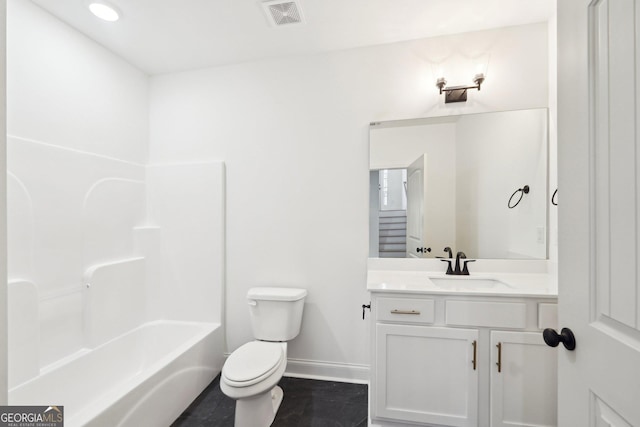 full bathroom featuring vanity, bathtub / shower combination, and toilet