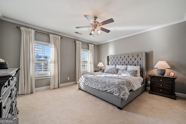 carpeted bedroom featuring ornamental molding, ceiling fan, and multiple windows