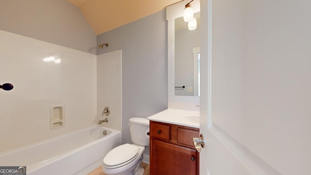 full bathroom featuring shower / tub combination, vanity, lofted ceiling, and toilet