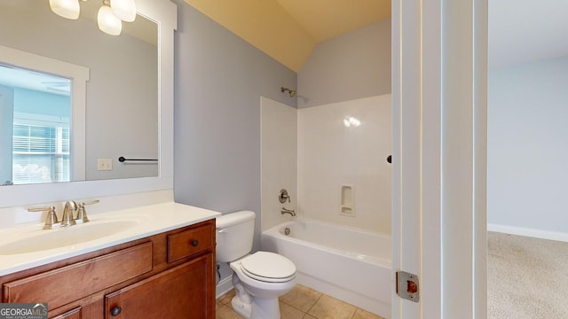 full bathroom with tile patterned flooring, bathing tub / shower combination, lofted ceiling, toilet, and vanity