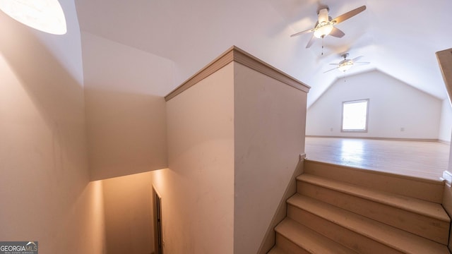 stairs with ceiling fan and lofted ceiling