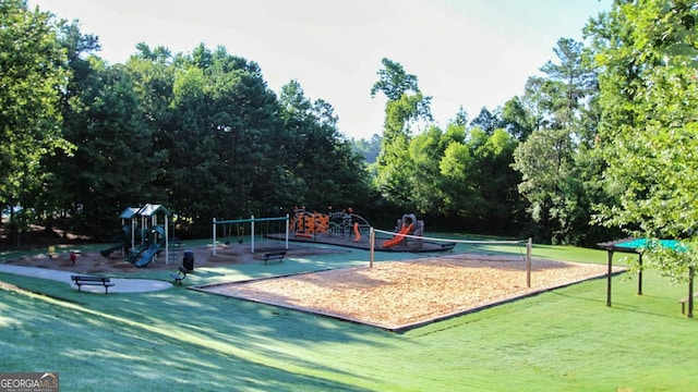 view of play area featuring a yard