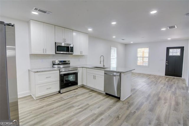 kitchen featuring white cabinetry, kitchen peninsula, sink, and appliances with stainless steel finishes