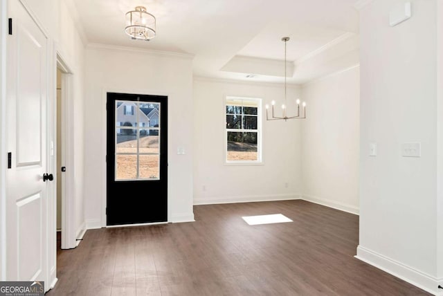 foyer featuring a chandelier, a tray ceiling, dark hardwood / wood-style floors, and ornamental molding