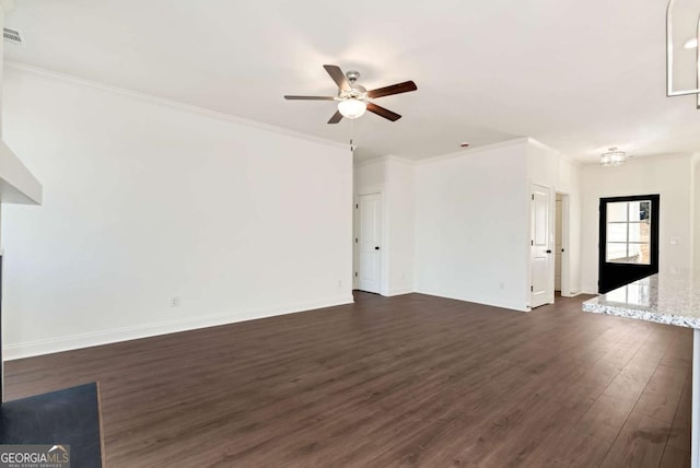 unfurnished living room with ceiling fan, dark hardwood / wood-style flooring, and ornamental molding