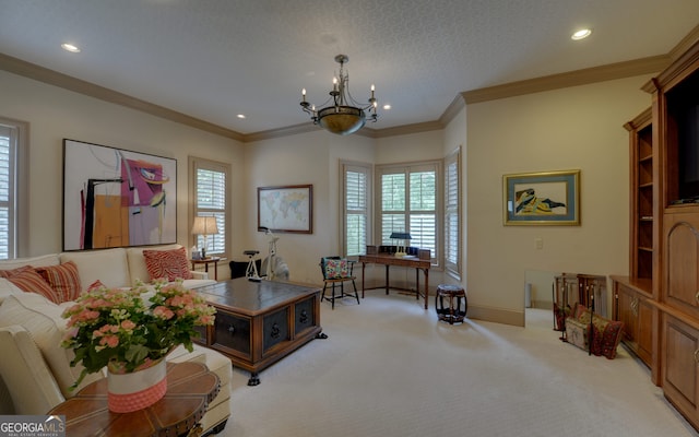 living room with a chandelier, a textured ceiling, light colored carpet, and ornamental molding