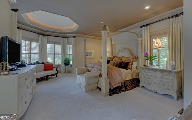 carpeted bedroom with a tray ceiling and ornamental molding