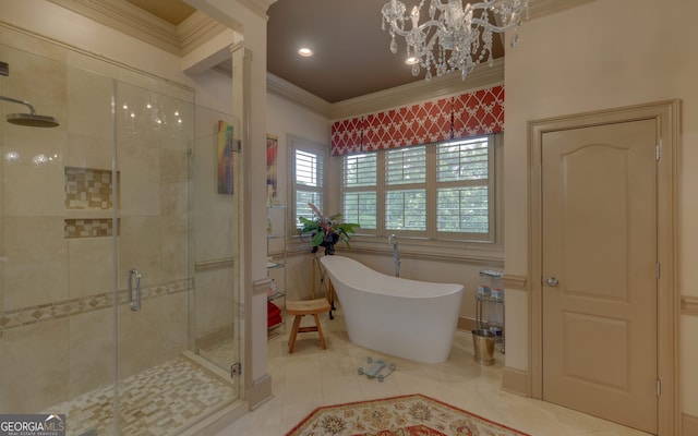 bathroom with tile patterned flooring, a notable chandelier, crown molding, and plus walk in shower