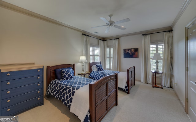 bedroom with light colored carpet, ceiling fan, and ornamental molding