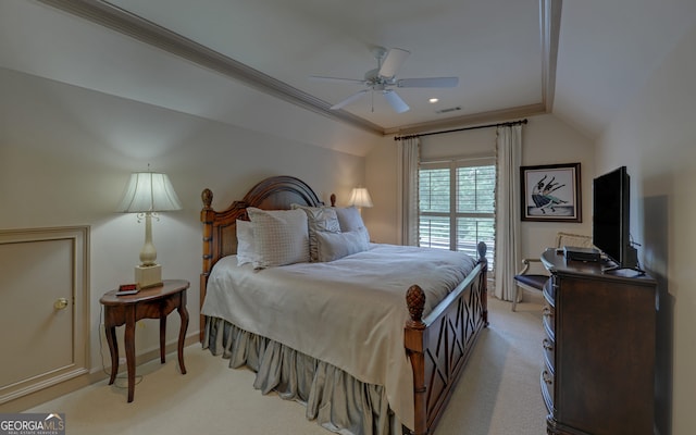 carpeted bedroom featuring ceiling fan, lofted ceiling, and ornamental molding