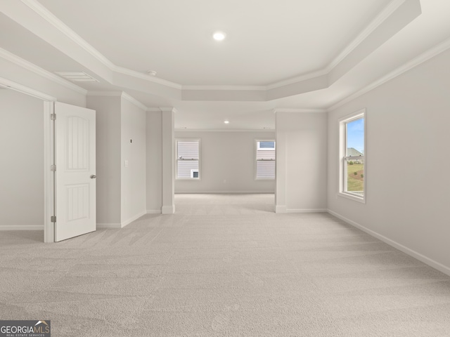 carpeted empty room featuring ornamental molding and a tray ceiling