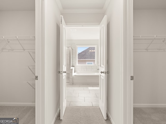 spacious closet featuring light colored carpet