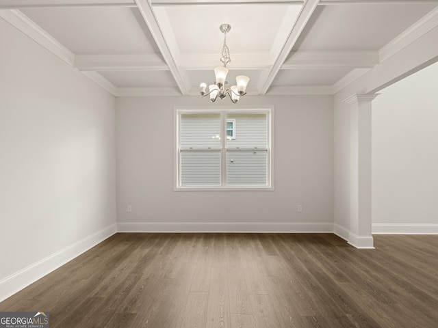 empty room featuring a chandelier, beam ceiling, dark hardwood / wood-style floors, and coffered ceiling