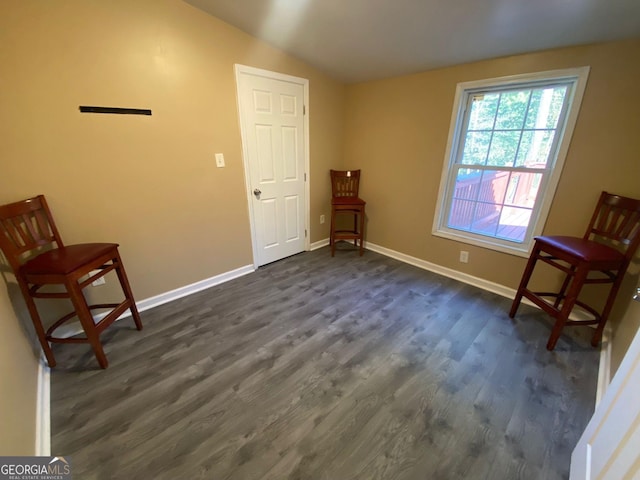 sitting room with dark hardwood / wood-style flooring and lofted ceiling