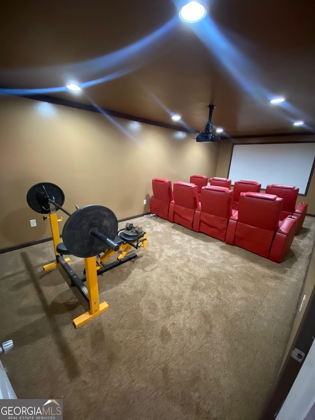 home theater room featuring carpet flooring