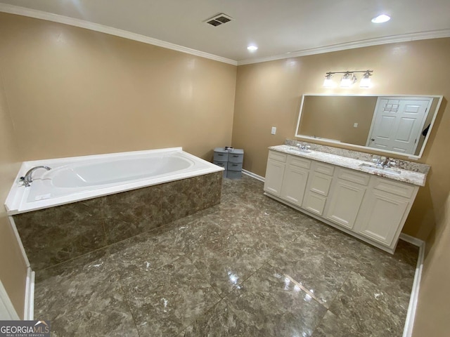 bathroom with a relaxing tiled tub, vanity, and ornamental molding