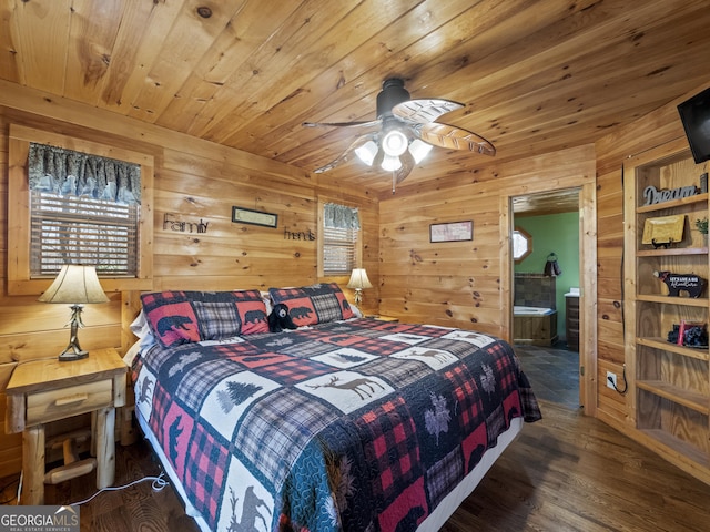 bedroom featuring ceiling fan, dark wood-type flooring, ensuite bathroom, wooden walls, and wood ceiling