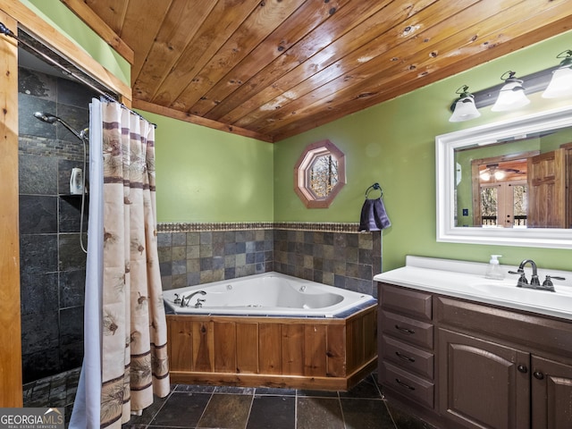 bathroom with shower with separate bathtub, vanity, and wooden ceiling