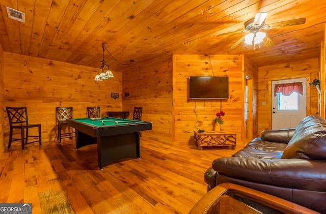 rec room with ceiling fan, pool table, wooden ceiling, wooden walls, and hardwood / wood-style flooring