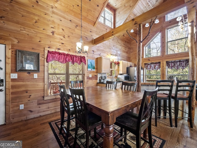 dining area featuring a chandelier, dark hardwood / wood-style flooring, high vaulted ceiling, and wooden ceiling