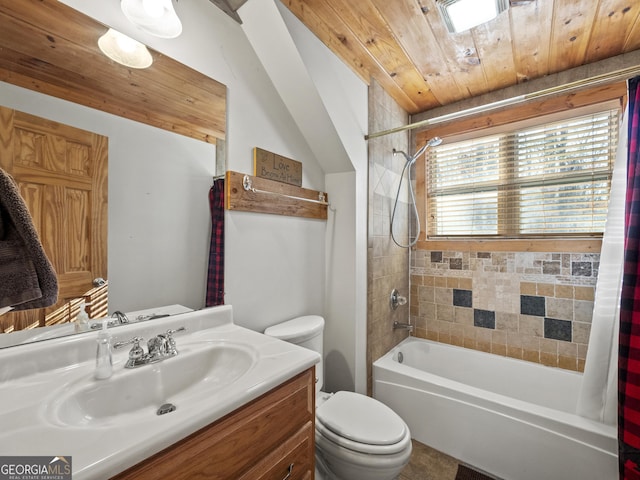 full bathroom featuring vanity, wooden ceiling, vaulted ceiling, toilet, and shower / tub combo