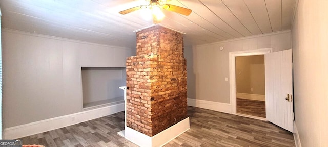 unfurnished room with a ceiling fan, crown molding, wood ceiling, and wood finished floors