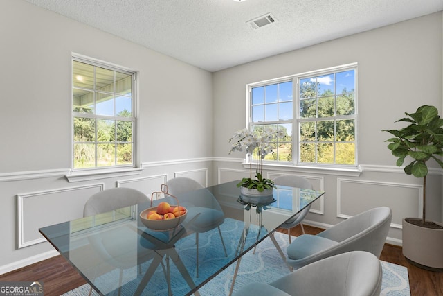 dining space featuring plenty of natural light, dark hardwood / wood-style floors, and a textured ceiling