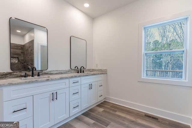 bathroom with double vanity, visible vents, wood finished floors, and a sink