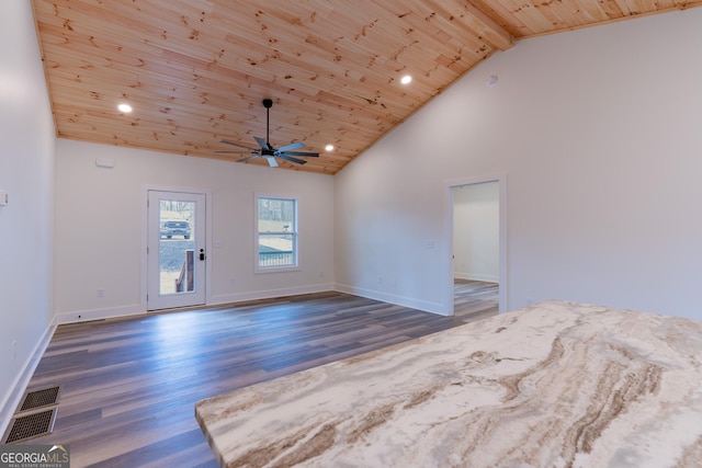 unfurnished living room with visible vents, ceiling fan, wooden ceiling, wood finished floors, and high vaulted ceiling