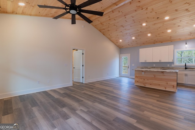 kitchen with baseboards, dark wood-type flooring, wood ceiling, white cabinetry, and open floor plan