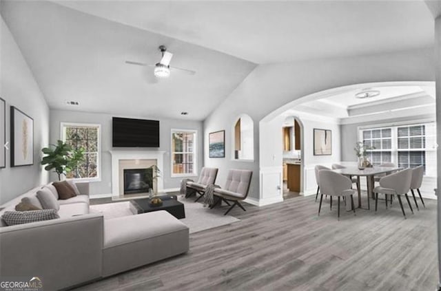 living room with ceiling fan, wood-type flooring, and lofted ceiling