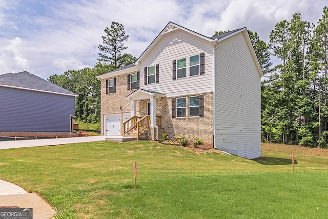 view of front facade with a garage and a front lawn