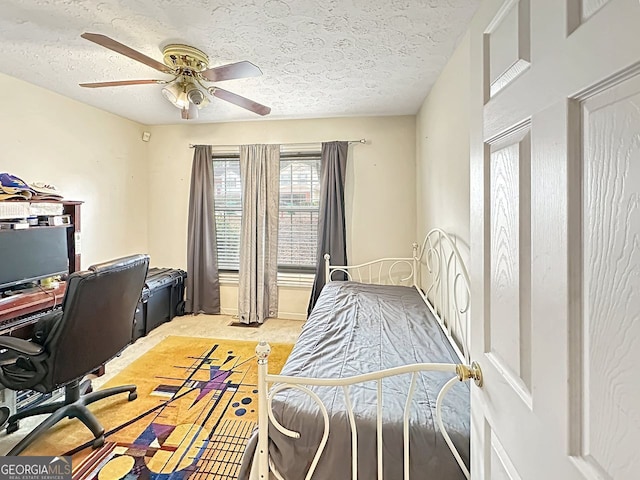 office space featuring carpet flooring, a textured ceiling, and ceiling fan