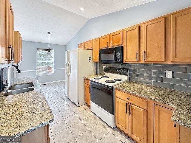 kitchen with lofted ceiling, white appliances, sink, hanging light fixtures, and tasteful backsplash