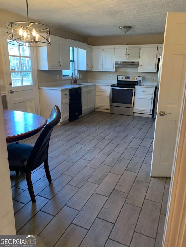 kitchen featuring white cabinetry, black dishwasher, hanging light fixtures, an inviting chandelier, and stainless steel electric range