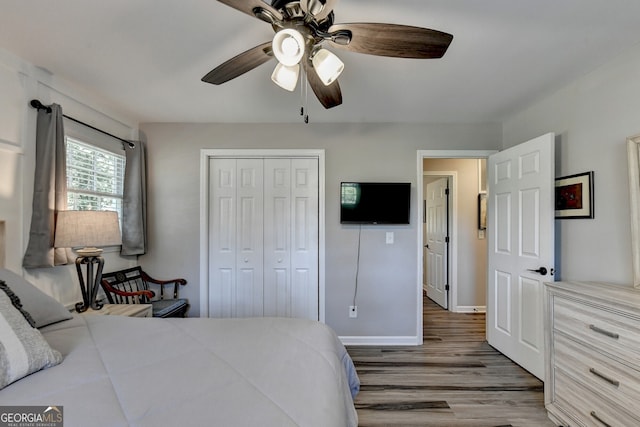 bedroom with wood-type flooring, a closet, and ceiling fan