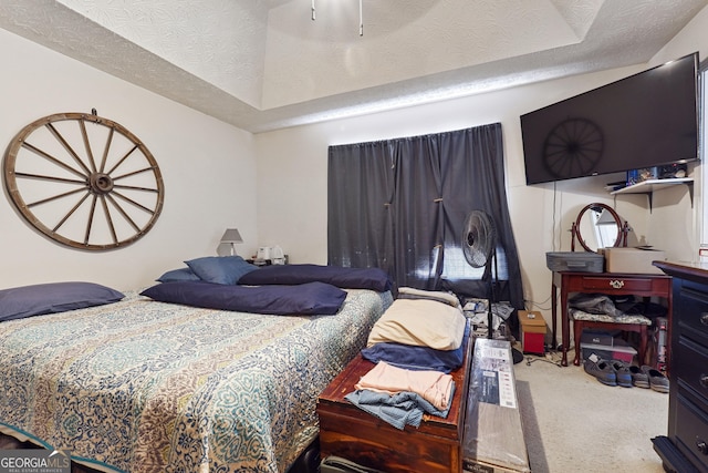 bedroom featuring carpet, a textured ceiling, and a tray ceiling