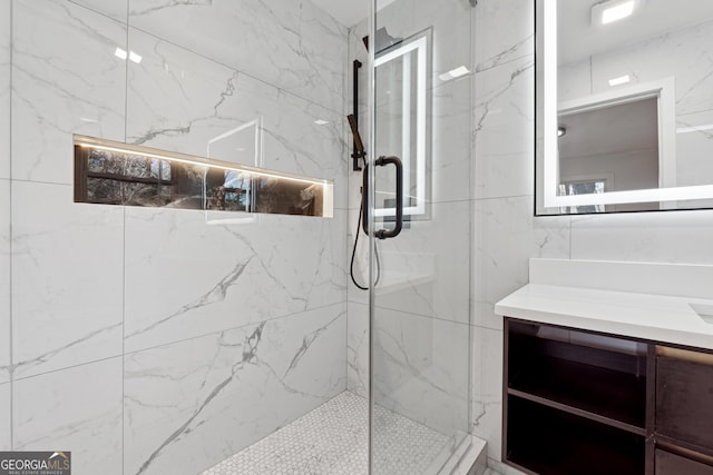 bathroom featuring vanity and walk in shower