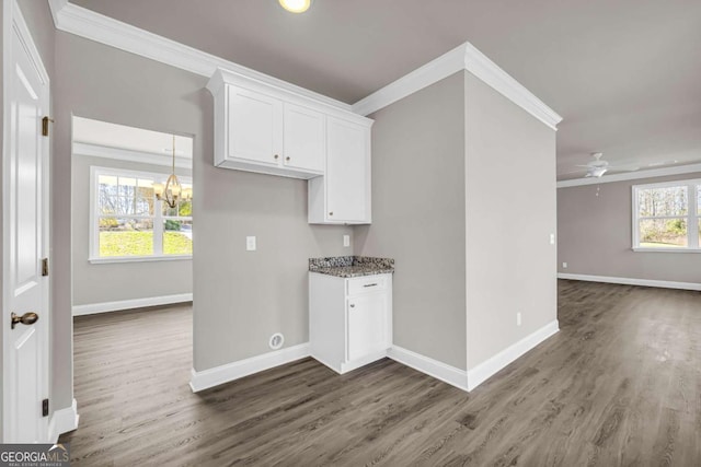 kitchen with dark hardwood / wood-style floors, white cabinetry, crown molding, and dark stone counters