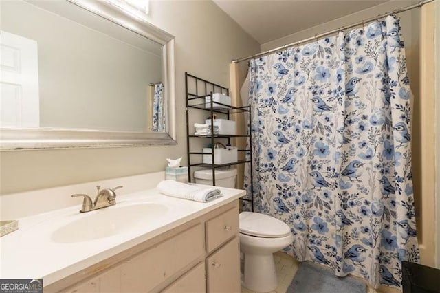 bathroom with vanity, toilet, and walk in shower